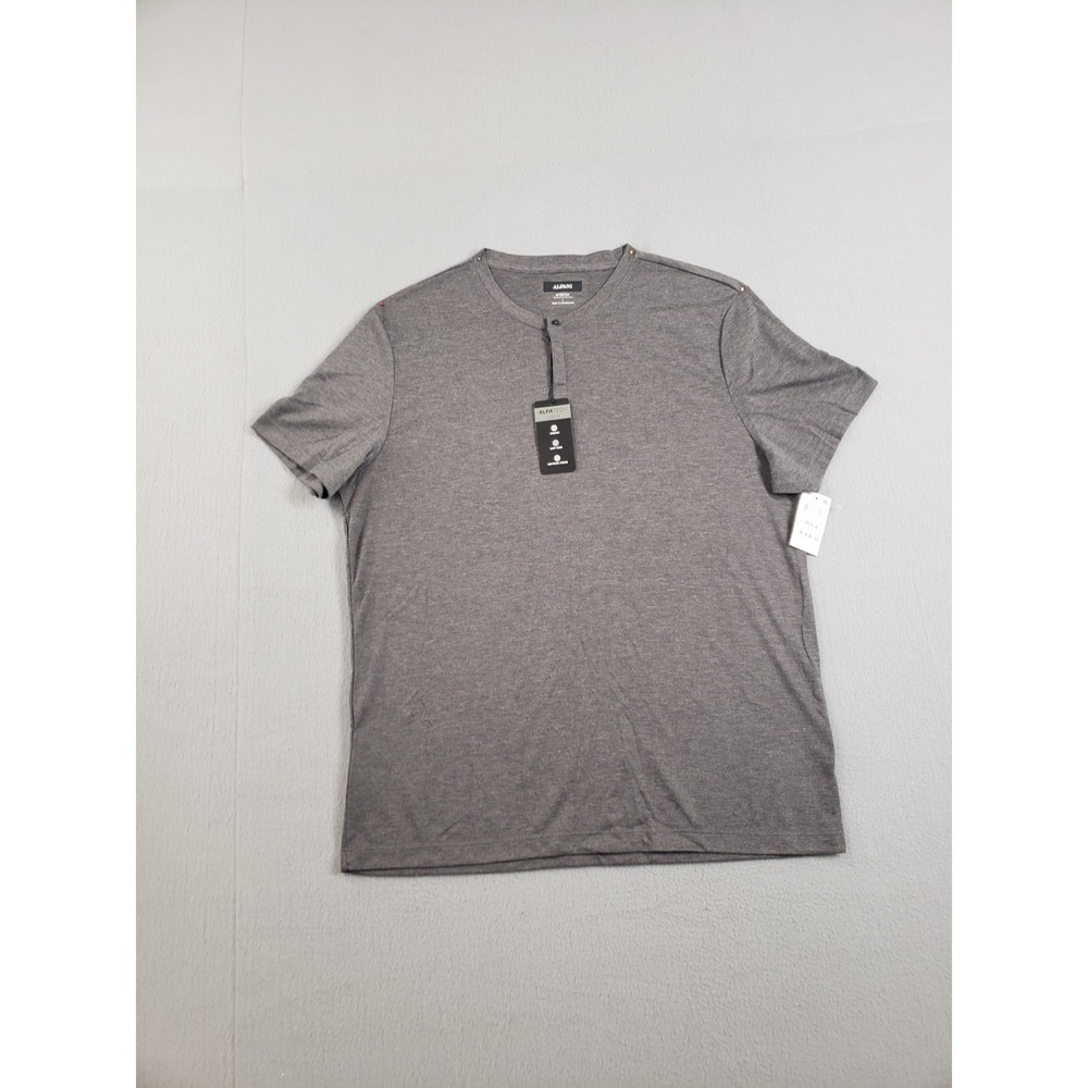 Alfant Men Henley Shirts L Gray Short Sleeve Pullover Stretched Logo Casual